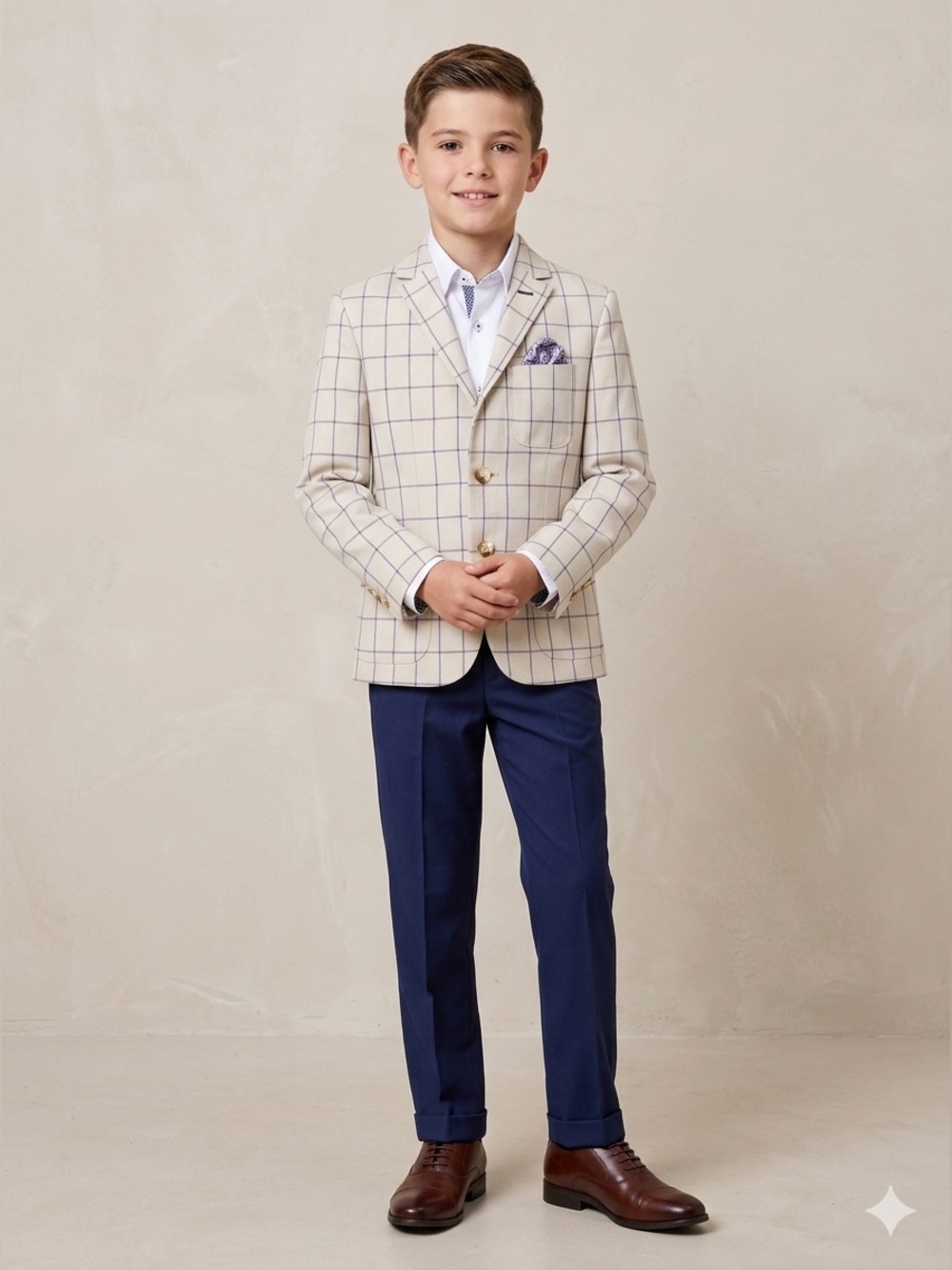 Leo & Zachary Boy's 3- Piece Suit - Beige & Blue checkers pocket square- 8 EUC